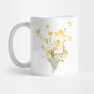 yellow buttercup and white daisy flowers bouquet ink and watercolor Mug